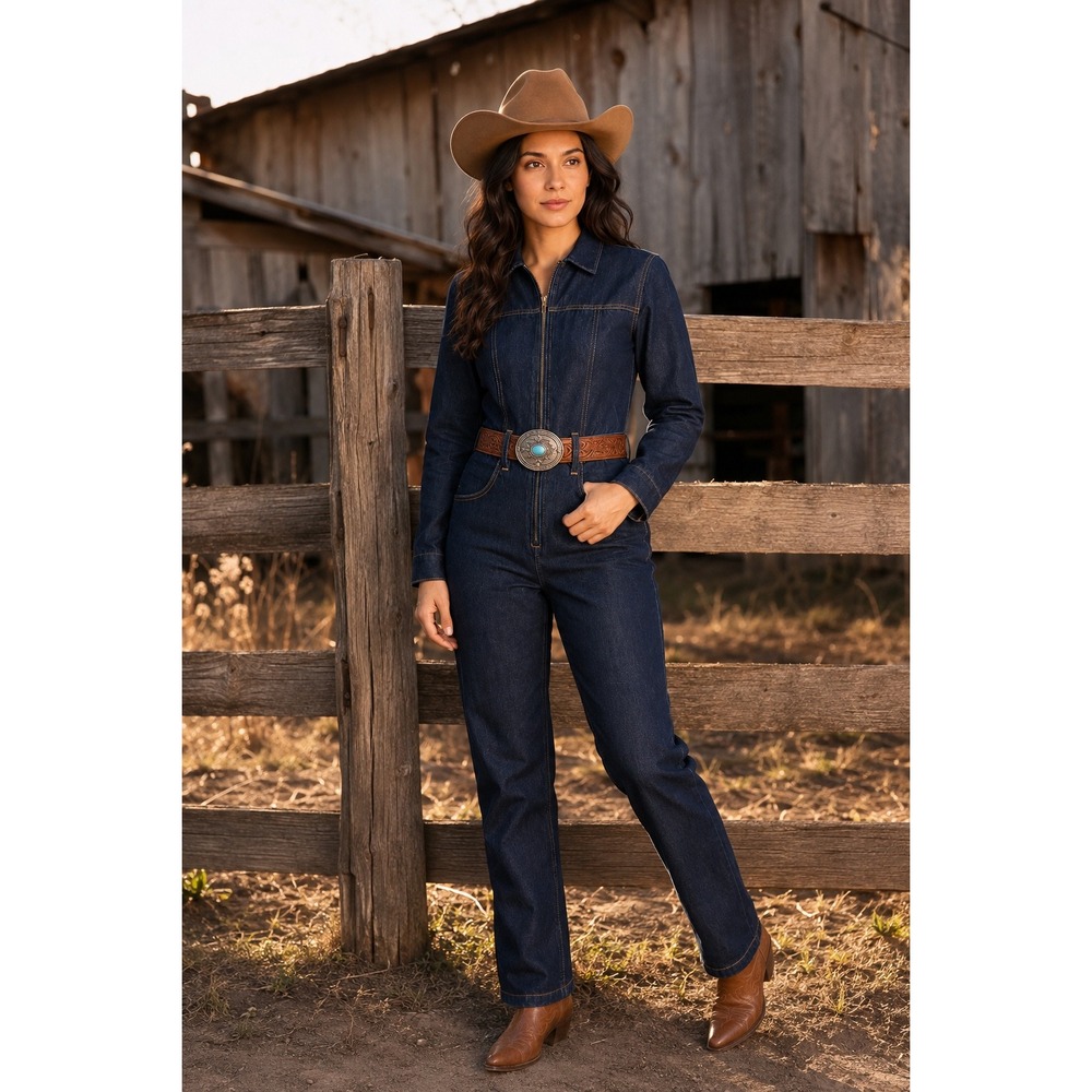Etica Women XS Dark Wash Denim Long Sleeve Zip Front Jumpsuit EW199153 595
